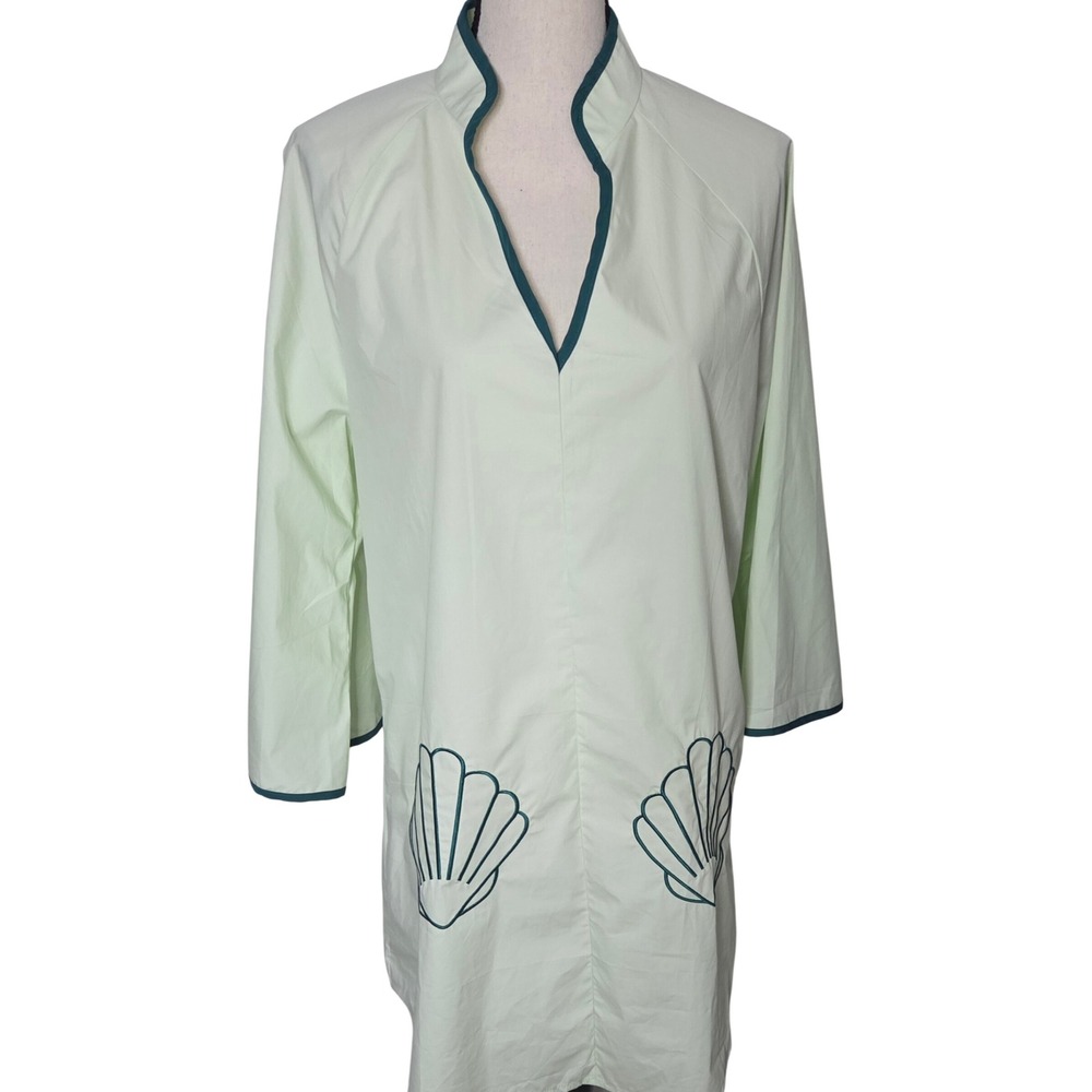 Fashion Mint Green Cotton Shell beach cover up mini Dress Bell Sleeve Womens L - Picture 3 of 10
